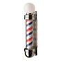 Studio product shot of the William Marvy No. 405 Two Light Barber Pole, featuring a compact design topped with an illuminated white globe. The unit displays classic rotating red, white, and blue stripes encased in polished metal housing, specifically designed for tight spaces with an 8-inch wall projection.
