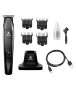 Flat lay of the complete Andis Slimline Pro II Trimmer kit, including the trimmer, charging stand, USB-C charging cable, four attachment combs, blade oil, and cleaning brush.