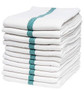 Stack of ten Diane Barber Towels, clearly showing the White with Green woven stripe and the textured herringbone pattern for durability.