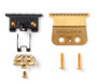 Exploded view of the BaBylissPRO FX707Z blade set. Includes the gold fixed blade, cutting blade, tension spring, bracket, and screws.