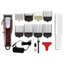 Complete accessory kit included with the Wahl Magic Clip: 8 premium cutting guides, styling comb, cleaning brush, oil, red blade guard, and power supply.