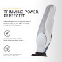 Angled view of the Wahl Hi-Viz™ Cordless Trimmer, highlighting its sleek silver, all-metal housing and ergonomic design.