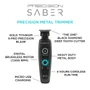 Stylecraft Precision Saber features infographic – 7,500 RPM motor, Gold Titanium blade, and 4-hour runtime