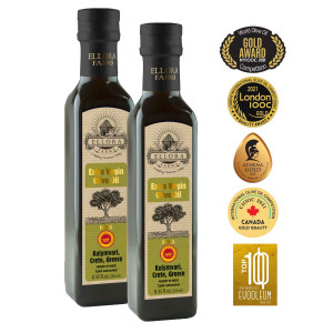 Gold Award Winner, Certified PDO Single Estate Extra Virgin Olive Oil, Traceable via lot number, First Cold Press, 8.45 oz Bottles, Pack of 2 Gold Award Winner, Certified PDO Single Estate Extra Virgin Olive Oil, Traceable via lot number, First Cold Press, 8.45 oz Bottles, Pack of 2