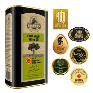 Award Winning Certified PDO Extra Virgin Olive Oil, Traceable and Single Estate EVOO, Harvested in Crete, Greece, 1 Ltr Tin, 33.8 FL oz Award Winning Certified PDO Extra Virgin Olive Oil, Traceable and Single Estate EVOO, Harvested in Crete, Greece, 1 Ltr Tin, 33.8 FL oz