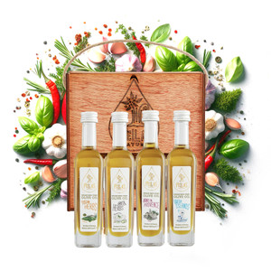 Organic Herb Infused Extra Virgin Olive Oil Set, Finishing Oil, Greek and Italian Herbs, Wooden Gift Set, 4 X 50 ml Bottles Organic Herb Infused Extra Virgin Olive Oil Set, Finishing Oil, Greek and Italian Herbs, Wooden Gift Set, 4 X 50 ml Bottles
