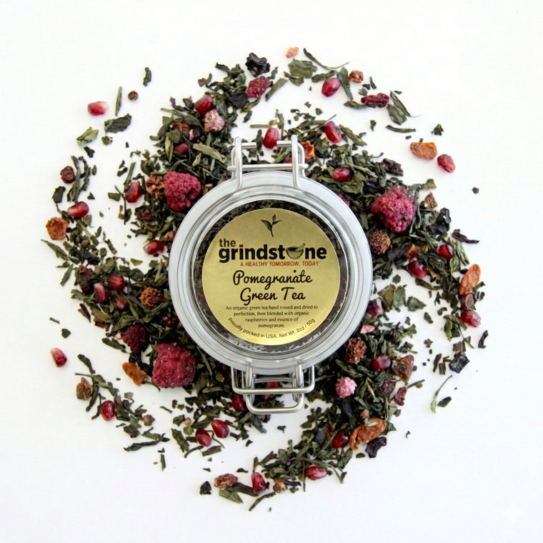 ORGANIC POMEGRANATE GREEN TEA | Green & Black Tea with Bits of Fruit | Wellness Tea Collection | 2 oz. Jar