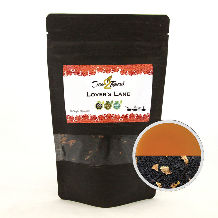 LOVER'S LANE TEA | Loose Leaf Black Tea with Rose Petals | Designer Resealable Pouch | 3.52 oz.