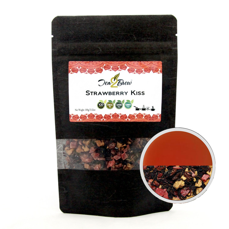 STRAWBERRY KISS TEA | Loose Leaf Hibiscus Infusion with Tropical Fruit Pieces | Designer Resealable Pouch | 3.52 oz.