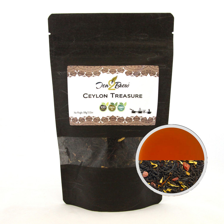 Ceylon Treasure Tea | Loose Leaf Ceylon Black Tea Natural Fruits and Exotic Flavors | Designer Resealable Pouch | 3.52 oz.