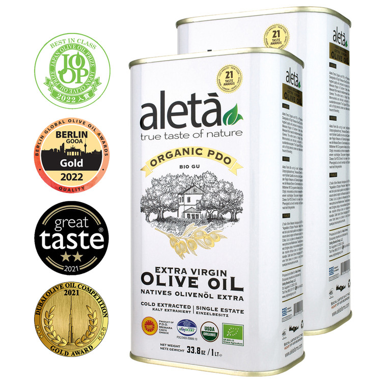 Aleta Organic & Single Estate PDO Extra Virgin Greek Olive Oil, Great Taste Award, 1 Ltr. Tin (33.8 oz.) X 2