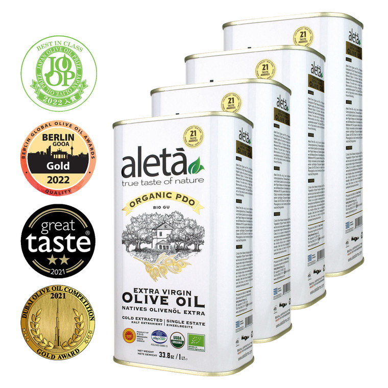 Aleta Organic & Single Estate PDO Extra Virgin Greek Olive Oil, Great Taste Award, 1 Ltr. Tin (33.8 oz.) X 4