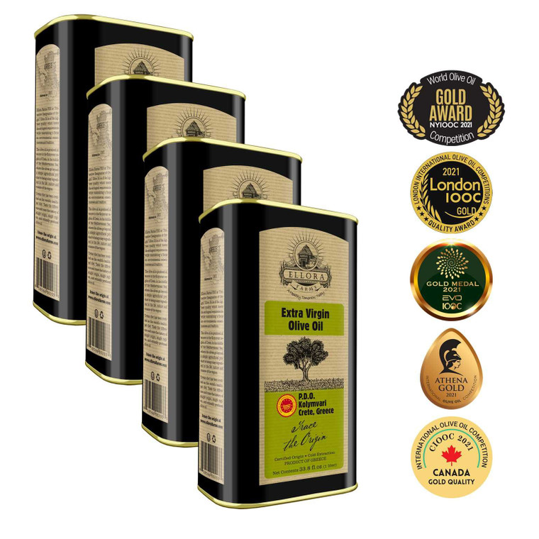 Award Winning Certified PDO Extra Virgin Olive Oil, Traceable and Single Estate EVOO, Harvested in Crete, Greece, 1 Ltr Tin, 33.8 FL oz, Pack of 4