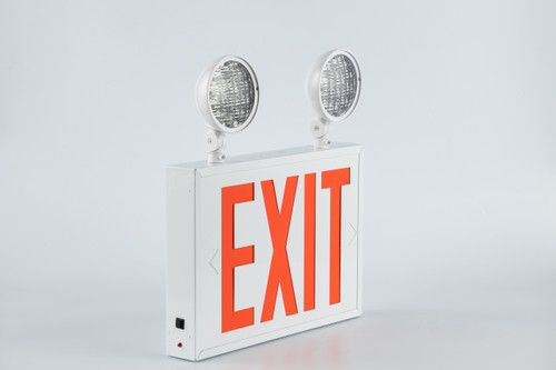 Red Exit Combo Unit, 2 Heads, White Steel Housing, NYC Approved