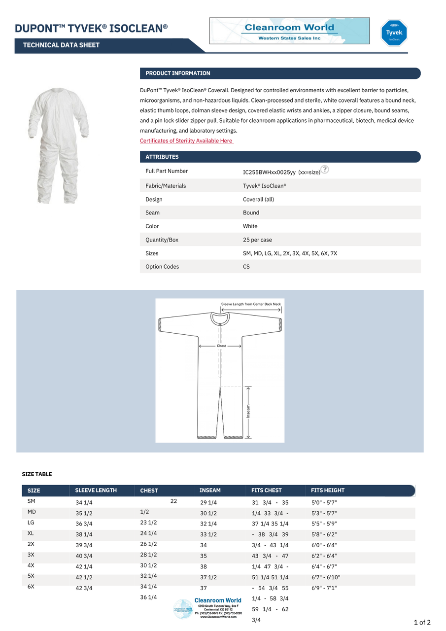 Sterile Tyvek Coveralls | Elastic Wrists, Ankles | Thumb Loops