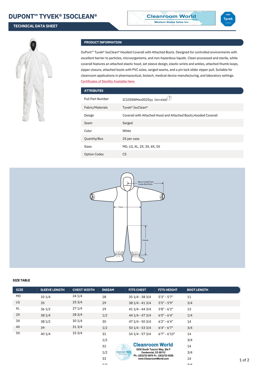 Sterile Tyvek Coveralls | Attached Hood, Boots | Elastic Wrists