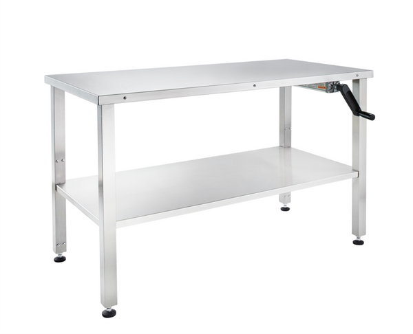 Stainless Steel Adjustable Height Tables, 48" x 24", Hydraulic with Hand Crank, Lower Shelf, Gliders