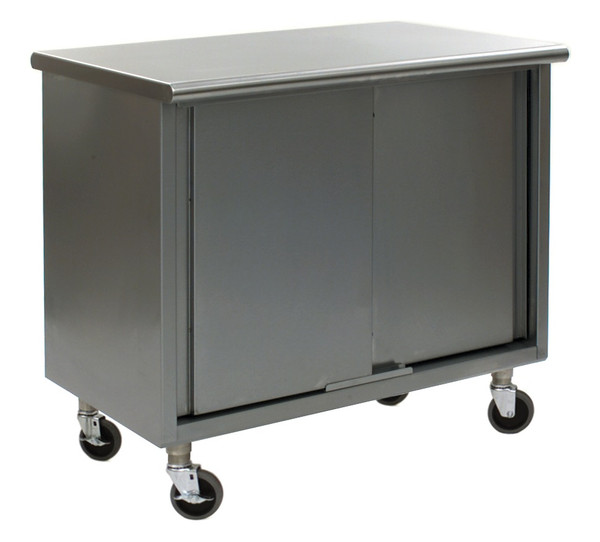 Stainless Steel Lab Cabinets, Flat Top, Wheels, Sliding Doors, Type 304 Stainless Steel, Lower Storage w/Shelf By Cleanroom World