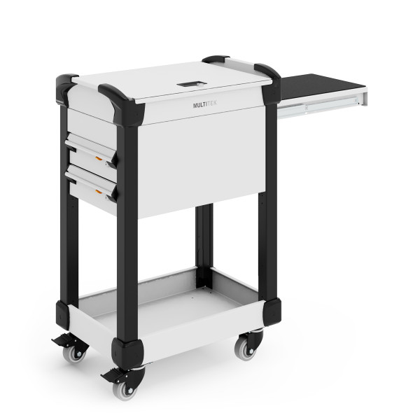 MultiTek Cart, 2 Drawers, 2 Shelves with Mats (Bottom & Top), Locking Security Cover, Roll-out Shelf, 3" Swivel Casters By Cleanroom World