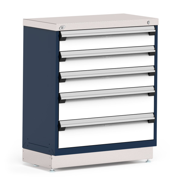Stationary Cabinet, 36"W x 18"D x 42"H, Stainless Steel Cover, 5 Drawers, Heavy-Duty 16 Gauge Construction, Navy By Cleanroom World