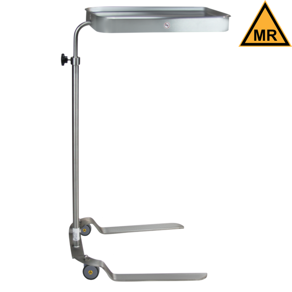 Stainless Steel Standard MR Mayo Stands, Single Post with Two-pronged Base, Stainless Steel Tray, Two Rollerblade Casters