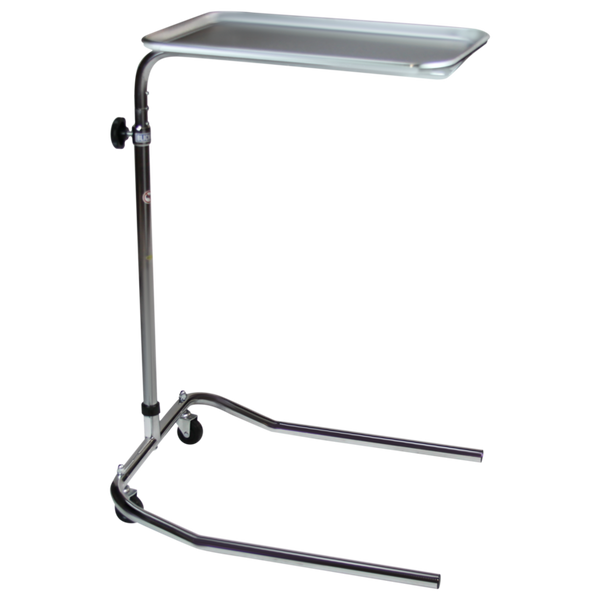 Single Pole Chrome Mayo Stands, Single Posts with Two-pronged Base, Stainless Steel Tray, 2" Casters