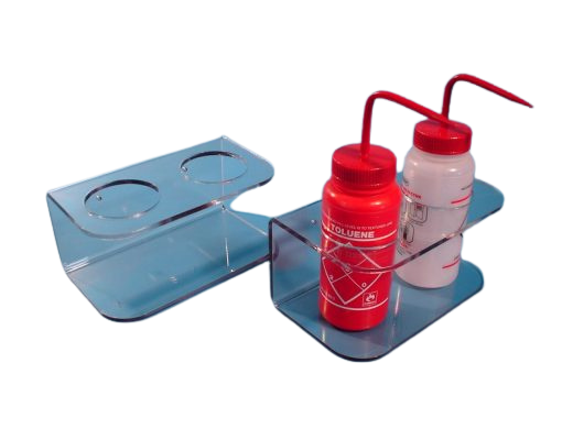 Bottle Holders; 2 Bottle Holder, 3″ Diameter Wall Mounted Bottle Holders, 9W x 4H x 5D, SC-BH-200-PETG (SC-BH-200-PETG) with bottles in holder Material By Cleanroom World 