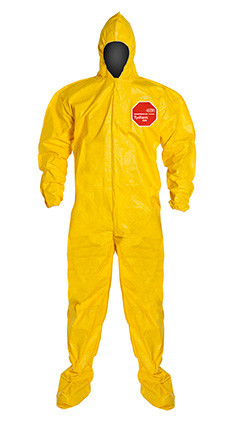 Cleanroom Coveralls, Tychem QC Chemical Resistant, Yellow, Zipper Front, Storm Flap, Hood, Elastic Wrists, Sock Boot By Cleanroom World