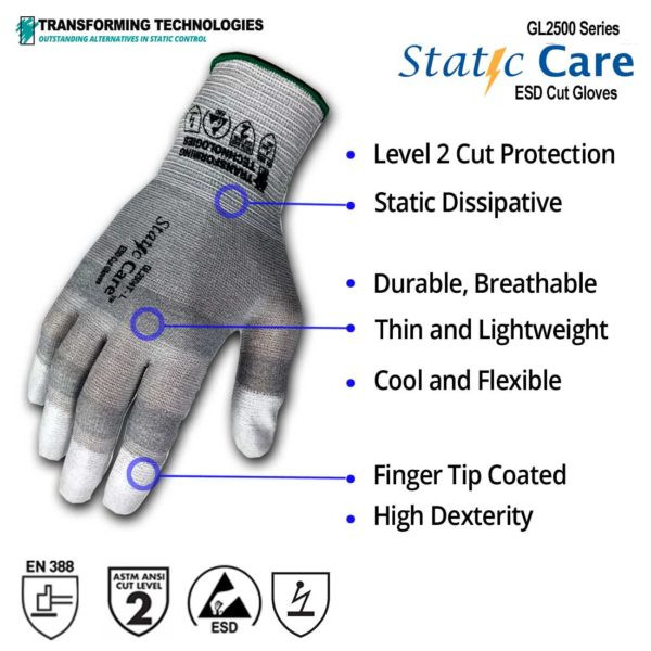 ESD Cut Resistant Gloves. Fingertip Coated, XS2XL, TECGL2500T