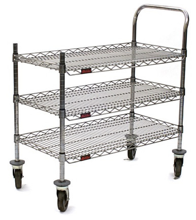 Cleanroom Carts On Wheels  Chrome, 3 Shelves With Ledges