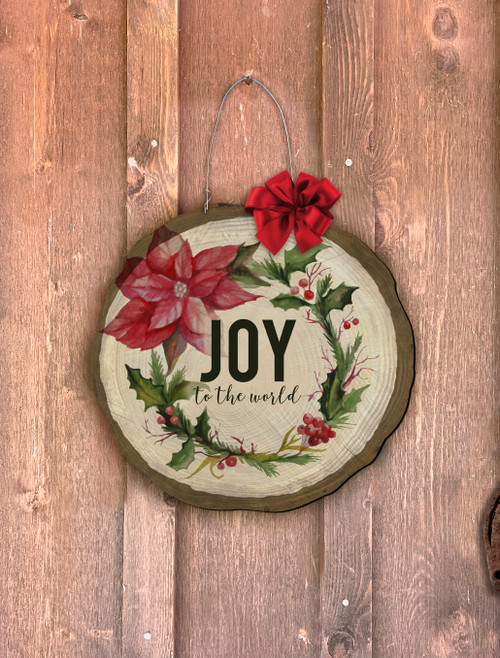 "Joy to the World" Poinsettia Log End Door Hanger