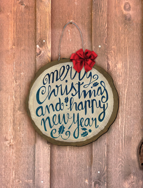 Blue "Merry Christmas and Happy New Year" Log End Door Hanger