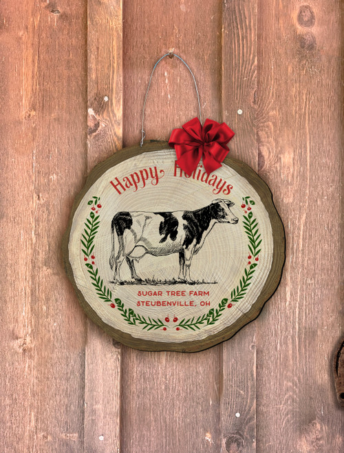 "Happy Holidays" Cow Log End Door Hanger (Customizable)