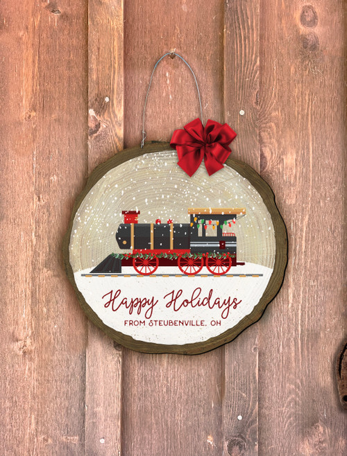 "Happy Holidays" Train Log End Door Hanger (Customizable)