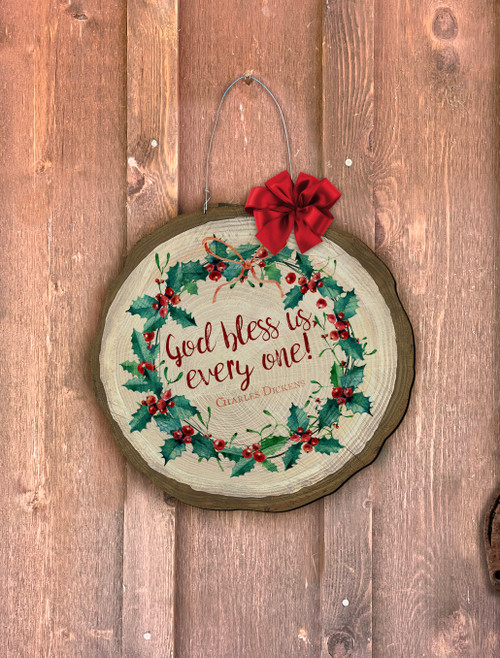 "God Bless Us" Holly Log End Door Hanger