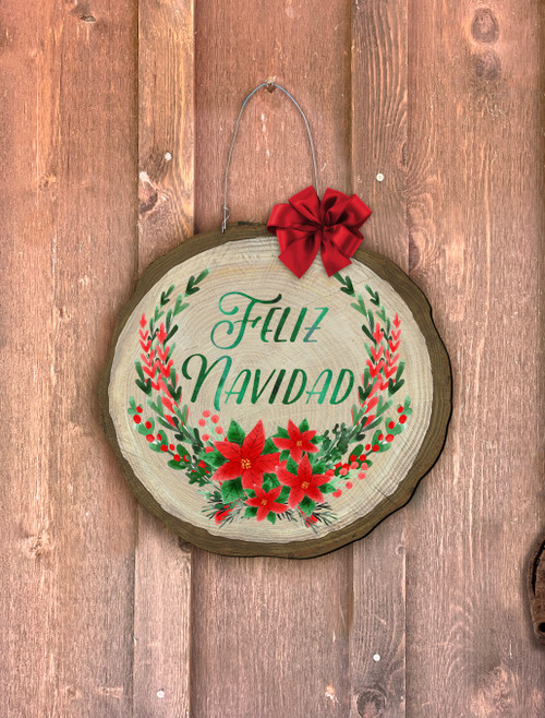 "Feliz Navidad" Poinsettia Log End Door hanger