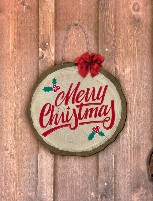 "Merry Christmas" Holly Log End Door Hanger