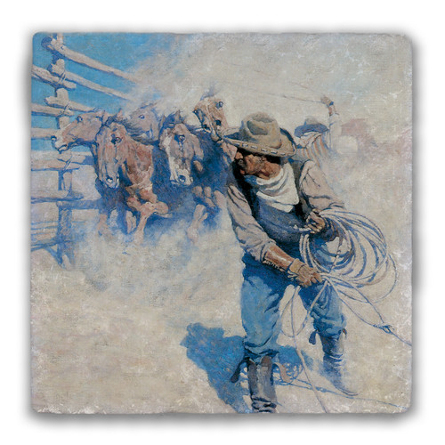 "Roping Wild Horses" Tumbled Stone Coaster