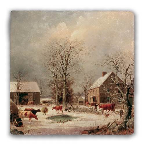 "Farmyard in Winter" (2) Tumbled Stone Coaster