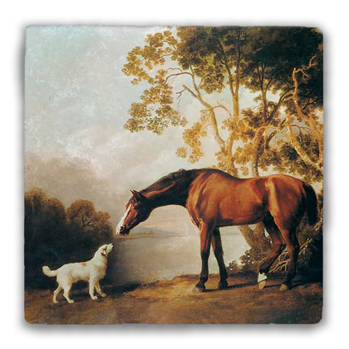 "Bay Horse and White Dog" Tumbled Stone Coaster