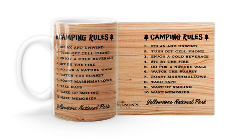 "Camping Rules" Wood Panel Customizable Mug