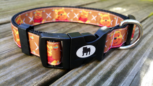 Collars are made with contoured snap lock buckle and heavy duty hardware on 1" wide webbing.All collars have a matching harness and leash to complete the look. Gently hand wash and air dry. Hand made in the USA.