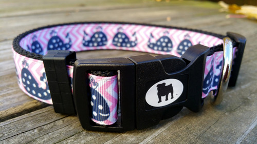 Collars are made with contoured snap lock buckle and heavy duty hardware on 1" wide webbing.All collars have a matching harness and leash to complete the look. Gently hand wash and air dry. Hand made in the USA.