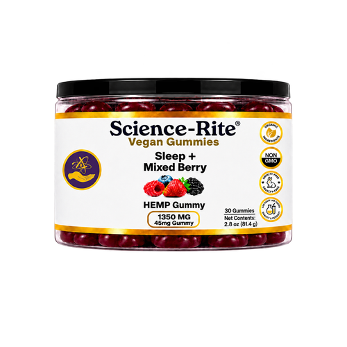 Science-Rite Gold-Series Hemp Sleep Gummies jar front label view.