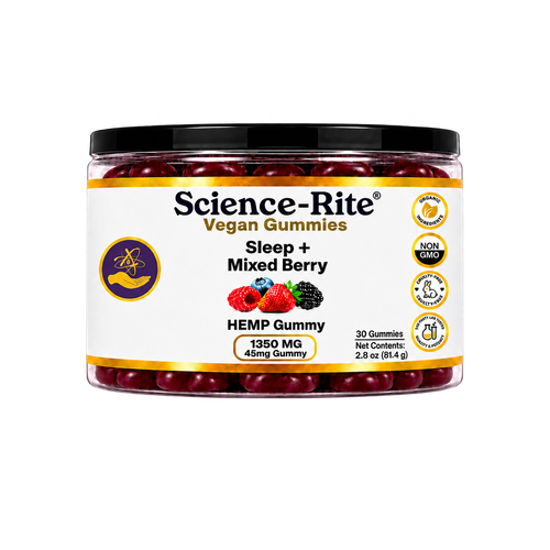 Science-Rite Gold-Series Hemp Sleep Gummies jar front label view.
