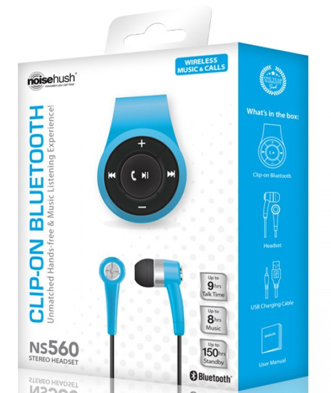 BRAND NEW NOISEHUSH NS560 BLUE CLIP-ON BLUETOOTH STEREO HEADSET