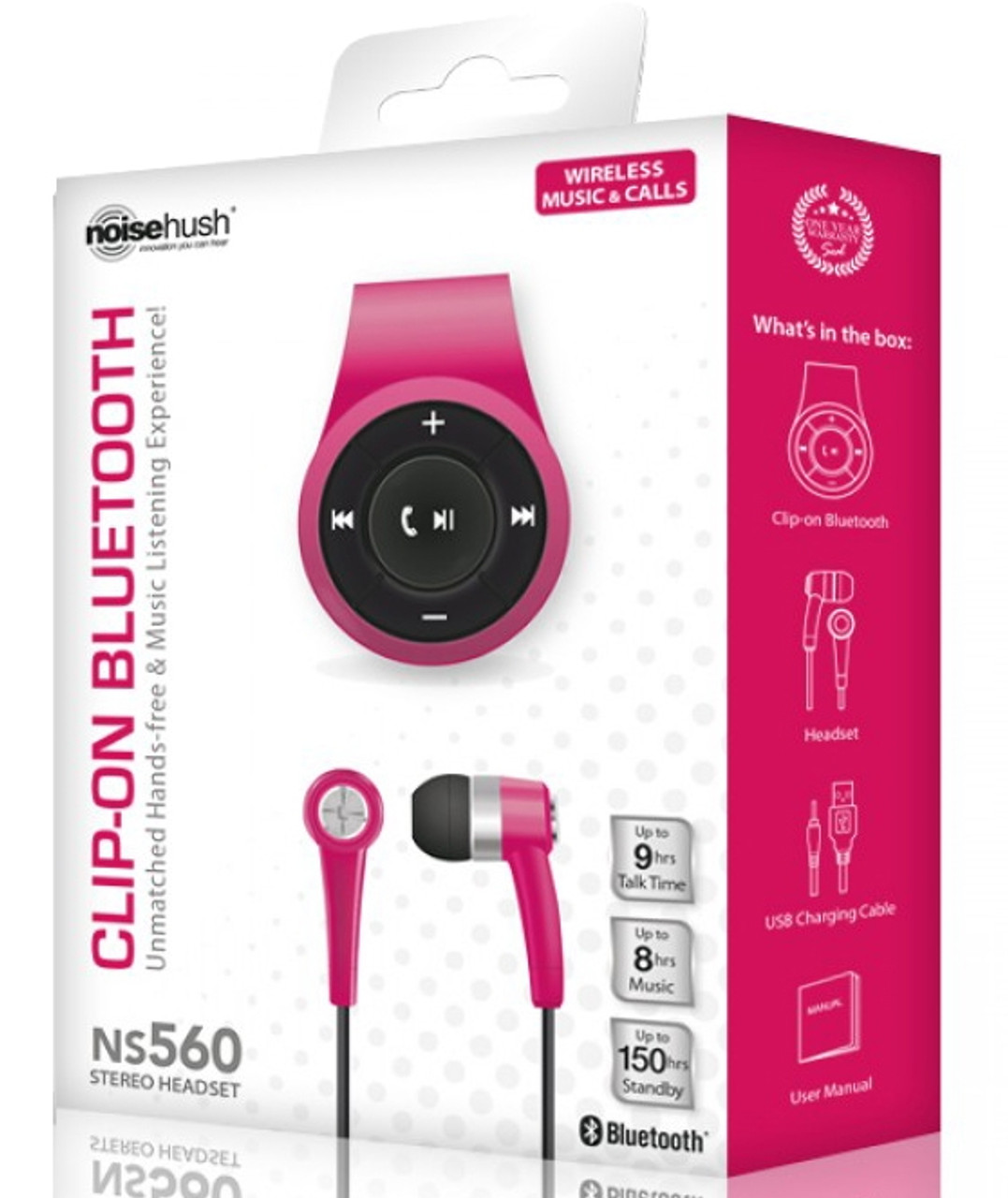 BRAND NEW NOISEHUSH NS560 PINK CLIP-ON BLUETOOTH STEREO HEADSET