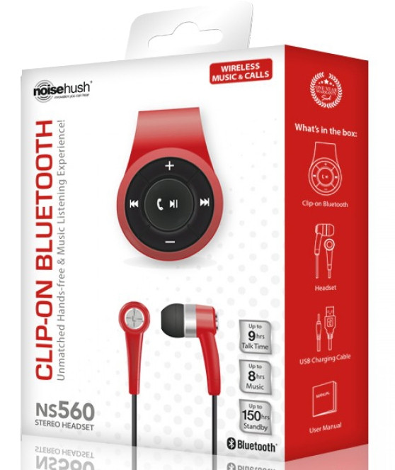 BRAND NEW NOISEHUSH NS560 RED CLIP-ON BLUETOOTH STEREO HEADSET