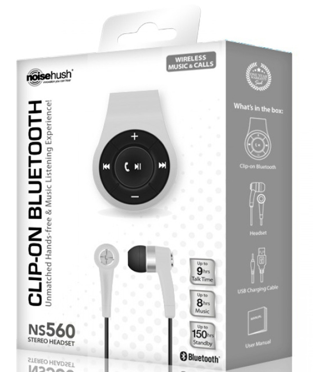 BRAND NEW NOISEHUSH NS560 WHITE CLIP-ON BLUETOOTH STEREO HEADSET