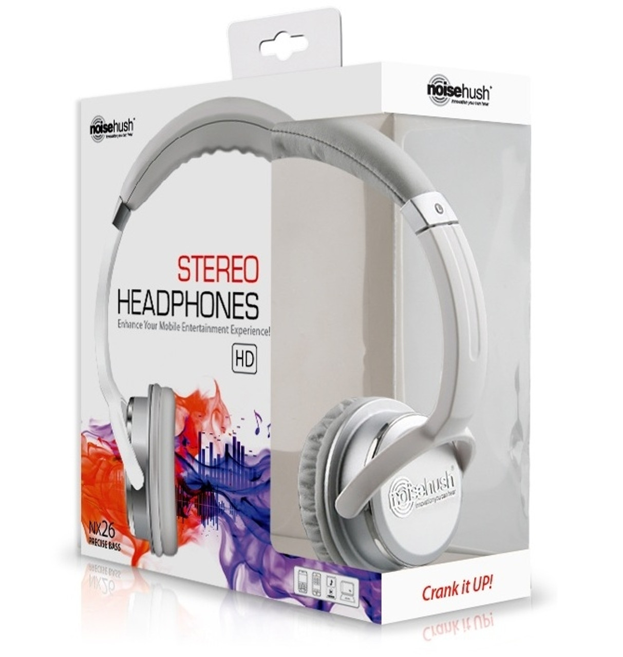 NOISEHUSH NX26 SILVER WHITE MEDIUM 3.5MM STEREO HEADPHONES WITH NEODYMIUM MAGNET DRIVERS WHOLESALE - RETAIL PACKAGE